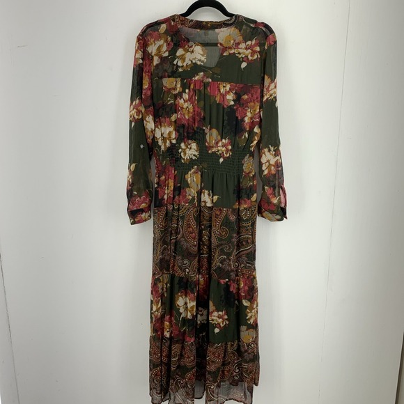 Peasant Prairie Women Large Maxi Dress Tiered Smocked Cottage Paisley Floral - Picture 6 of 7